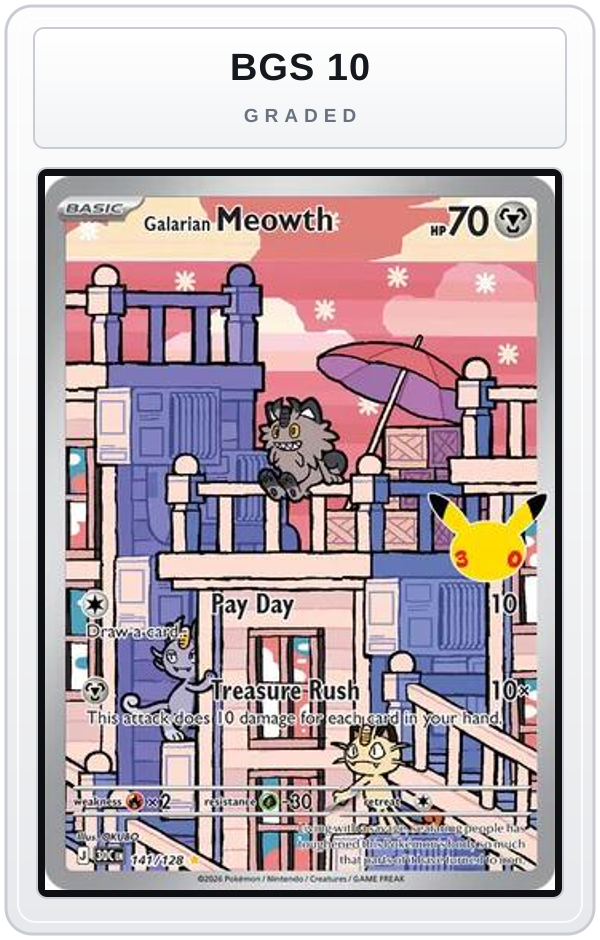 Graded - Galarian Meowth - 141/128 — BGS 10 graded overlay