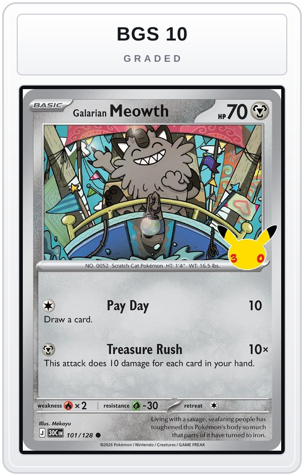 Graded - Galarian Meowth - 101/128 — BGS 10 graded overlay