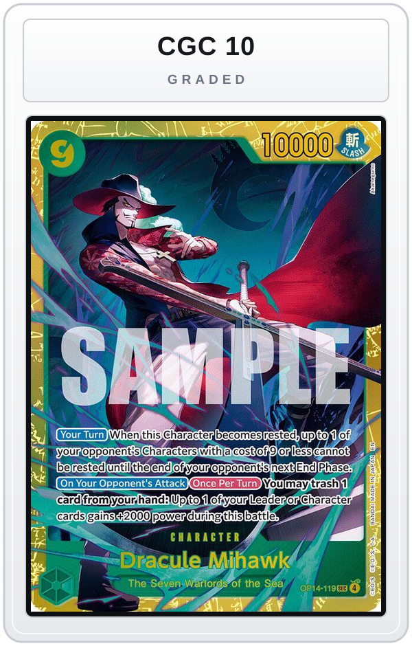 Graded - Dracule Mihawk - OP14-119 — CGC 10 graded overlay