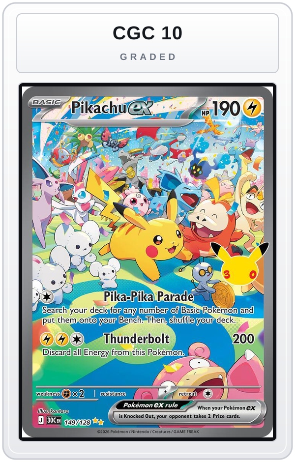 Graded - Pikachu ex - 149/128 — CGC 10 graded overlay