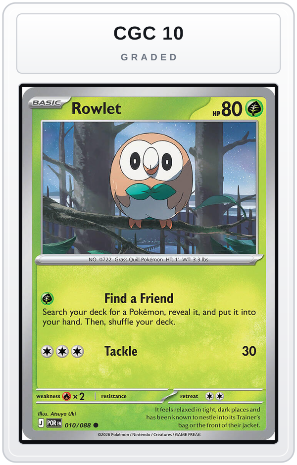 Graded - Rowlet - 010/088 — CGC 10 graded overlay