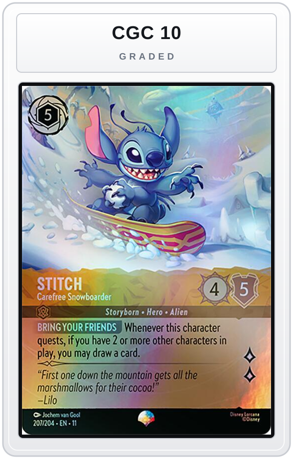 Graded - Stitch - Carefree Snowboarder (Epic) — CGC 10 graded overlay