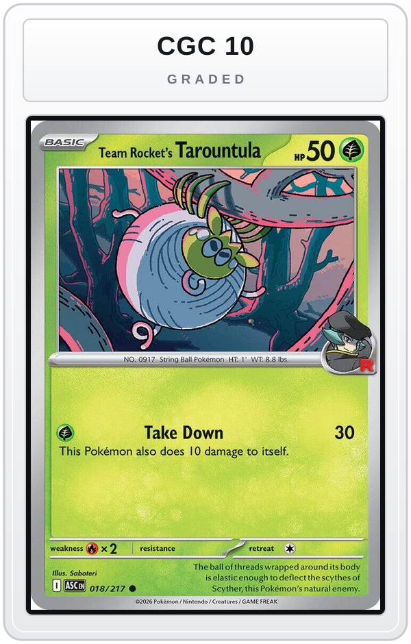 Graded - Team Rocket's Tarountula — CGC 10 graded overlay