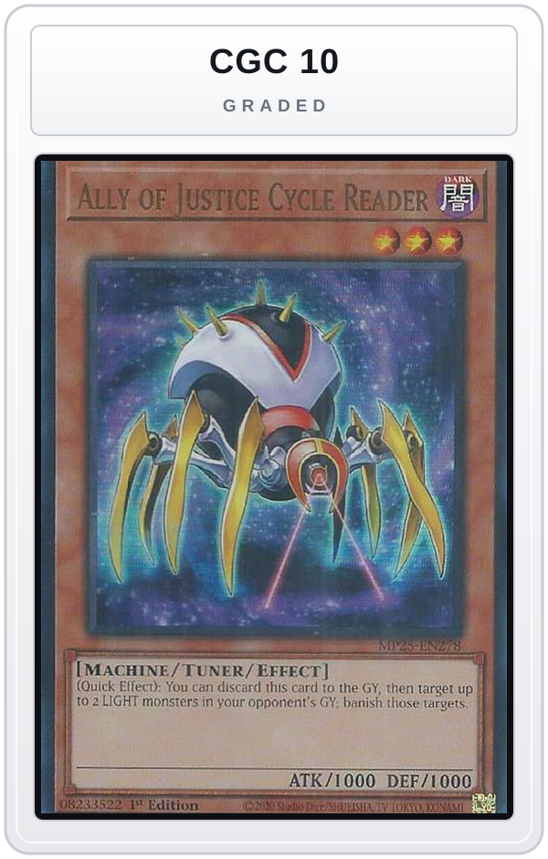 Graded - Ally of Justice Cycle Reader — CGC 10 graded overlay