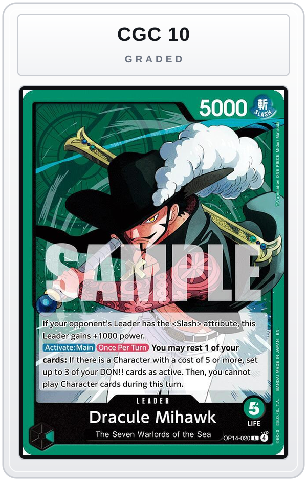 Graded - Dracule Mihawk - OP14-020 — CGC 10 graded overlay