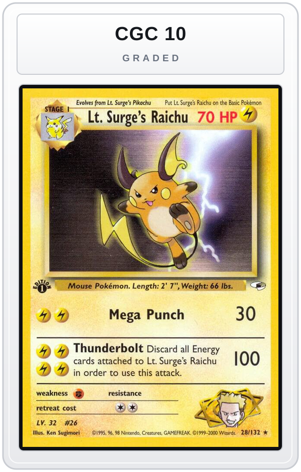 Graded - Lt. Surge's Raichu — CGC 10 graded overlay