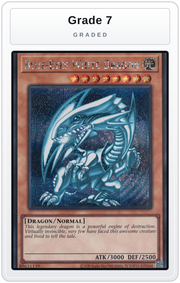 Graded - Blue-Eyes White Dragon (Secret Rare) — Grade 7 graded overlay