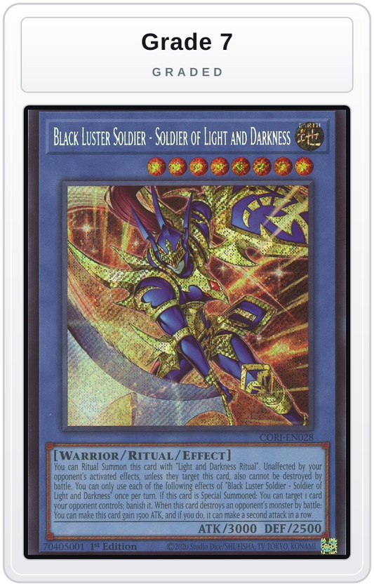 Graded - Black Luster Soldier - Soldier of Light and Darkness (Secret Rare) — Grade 7 graded overlay