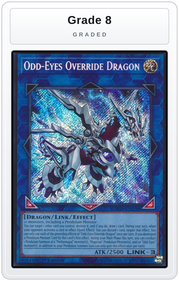 Graded - Odd-Eyes Override Dragon (Secret Rare) — Grade 8 graded overlay