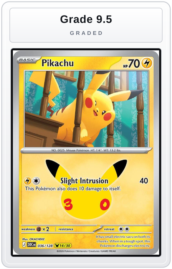 Graded - Pikachu - 036/128 — Grade 9.5 graded overlay