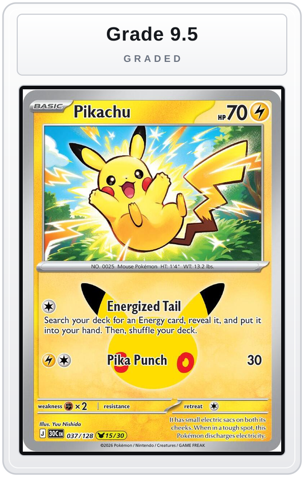Graded - Pikachu - 037/128 — Grade 9.5 graded overlay