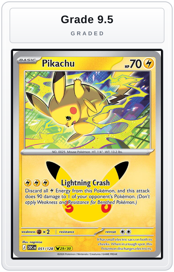 Graded - Pikachu - 051/128 — Grade 9.5 graded overlay