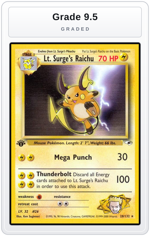 Graded - Lt. Surge's Raichu — Grade 9.5 graded overlay