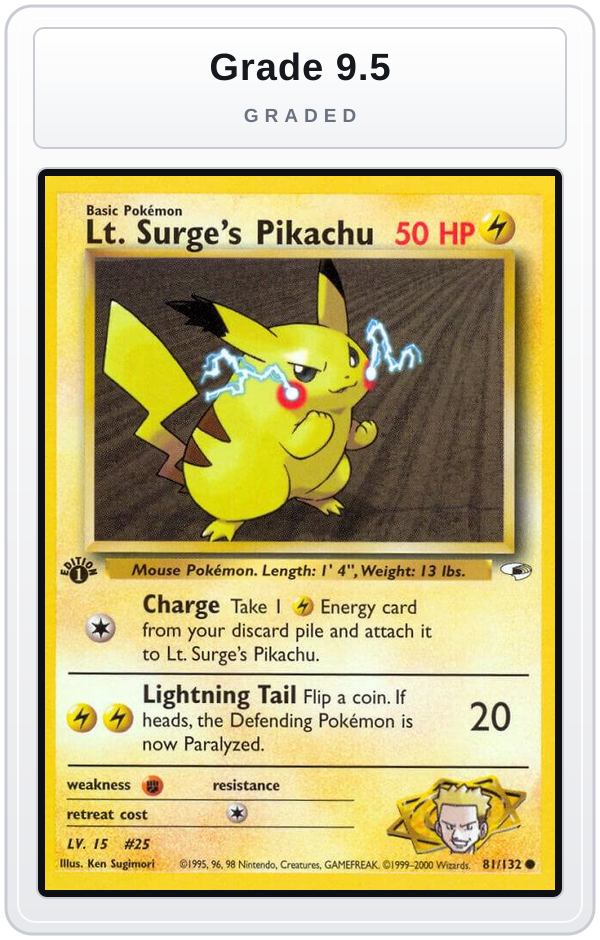 Graded - Lt. Surge's Pikachu — Grade 9.5 graded overlay
