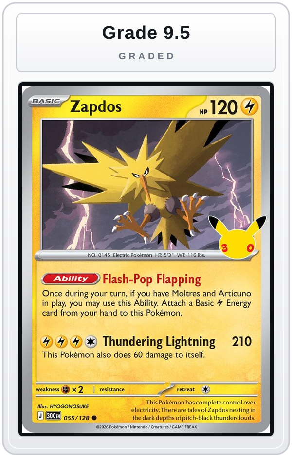 Graded - Zapdos - 055/128 — Grade 9.5 graded overlay