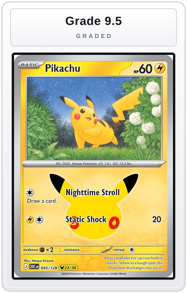 Graded - Pikachu - 045/128 — Grade 9.5 graded overlay