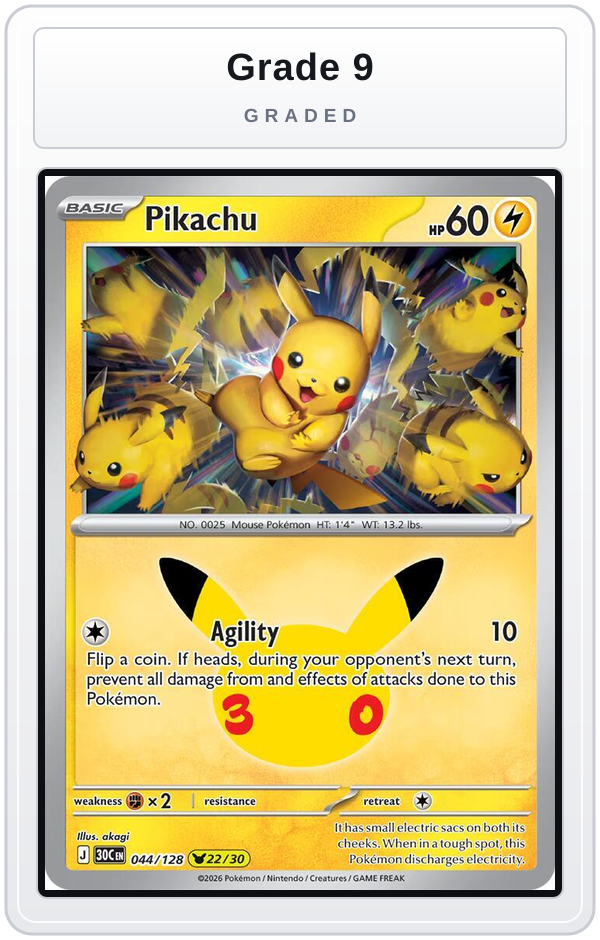 Graded - Pikachu - 044/128 — Grade 9 graded overlay