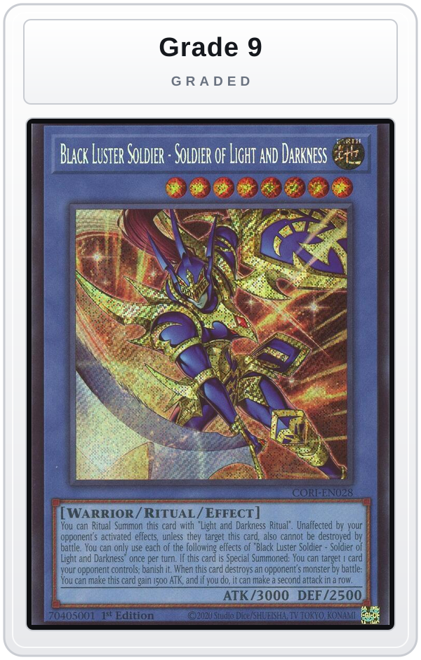 Graded - Black Luster Soldier - Soldier of Light and Darkness (Secret Rare) — Grade 9 graded overlay