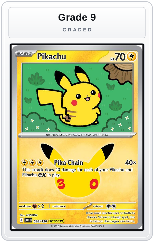 Graded - Pikachu - 034/128 — Grade 9 graded overlay