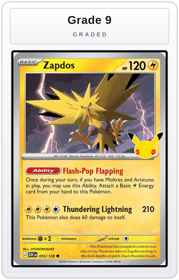 Graded - Zapdos - 055/128 — Grade 9 graded overlay