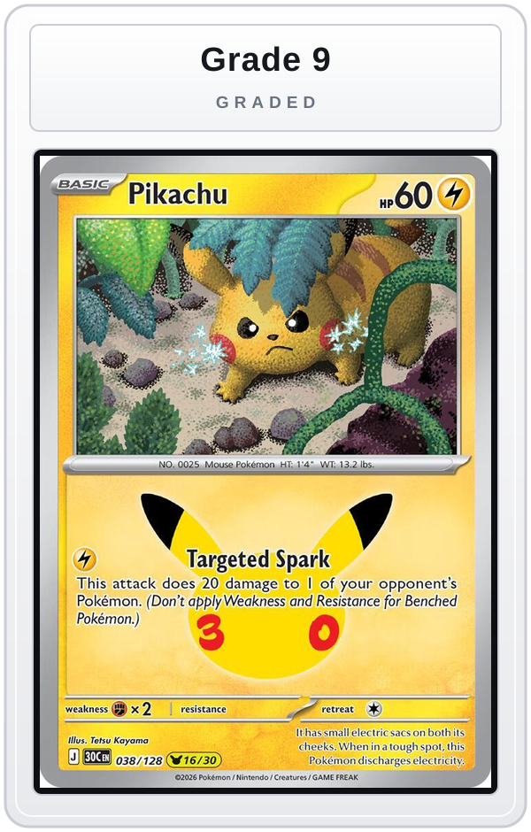 Graded - Pikachu - 038/128 — Grade 9 graded overlay