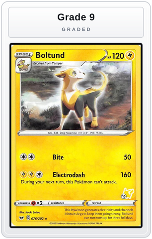 Graded - Boltund - 076/202 (#16 Pikachu Stamped) — Grade 9 graded overlay