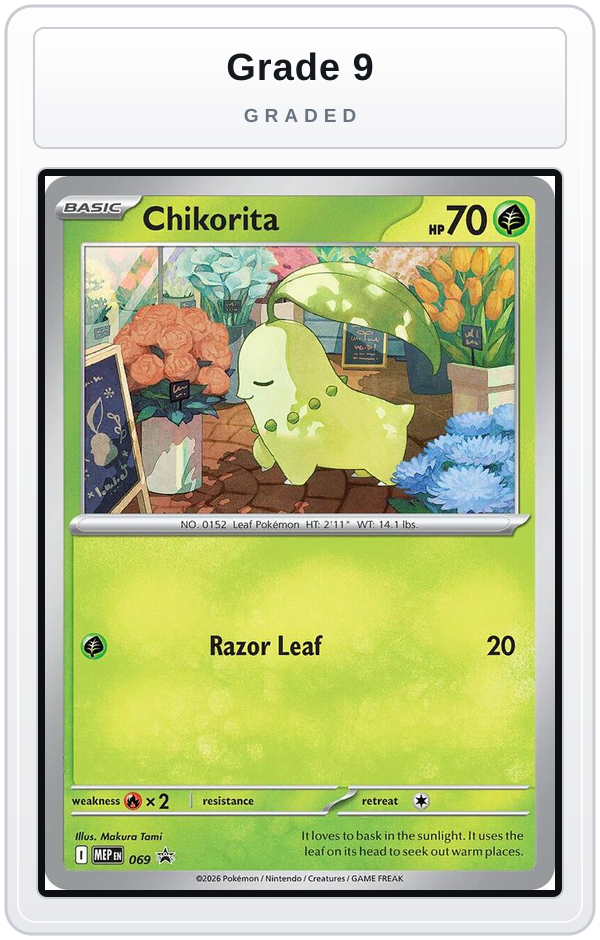 Graded - Chikorita (Cosmos Holo) — Grade 9 graded overlay