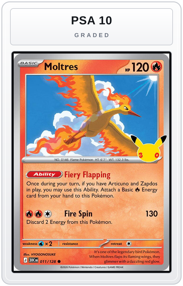 Graded - Moltres - 011/128 — PSA 10 graded overlay