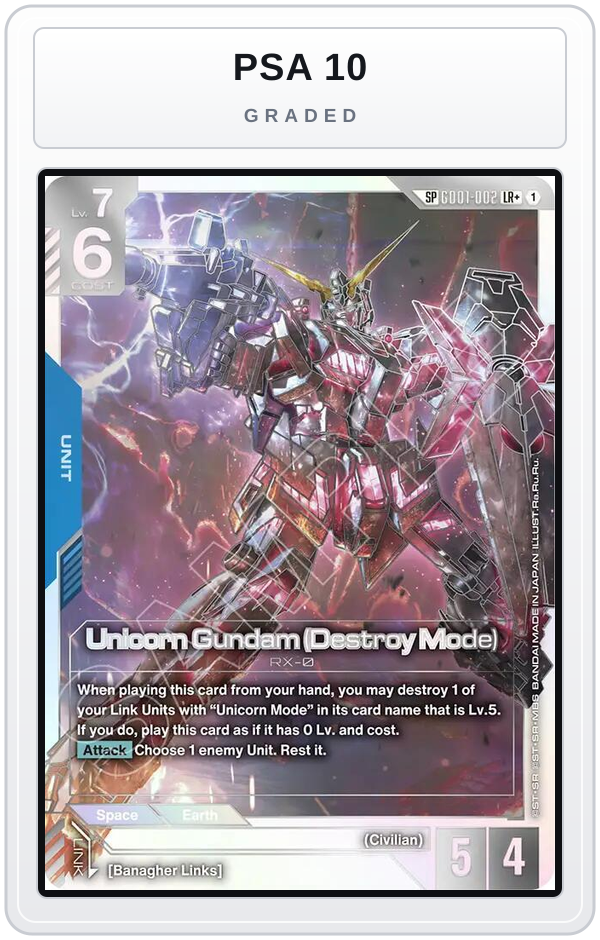 Graded - Unicorn Gundam (Destroy Mode) (SP) (LR+) — PSA 10 graded overlay
