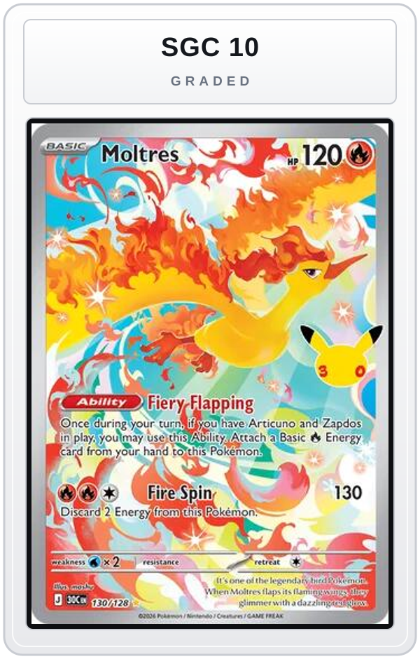 Graded - Moltres - 130/128 — SGC 10 graded overlay
