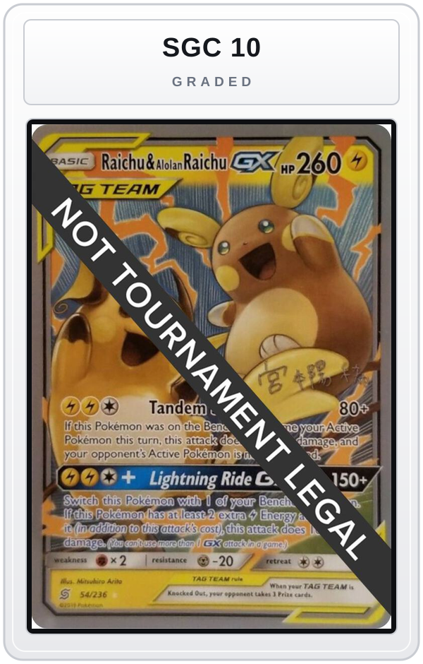 Graded - Raichu & Alolan Raichu GX - 2019 (Haruki Miyamoto) — SGC 10 graded overlay