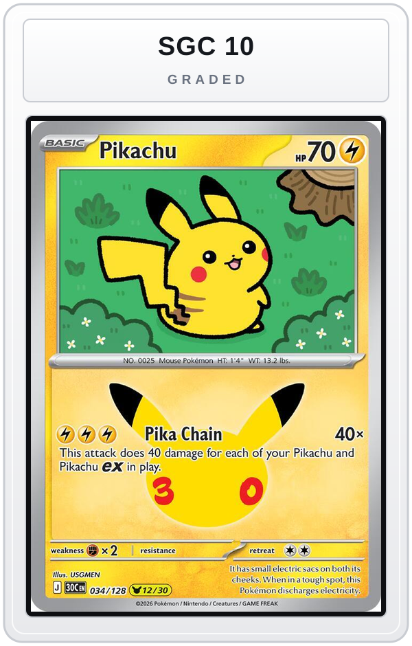 Graded - Pikachu - 034/128 — SGC 10 graded overlay